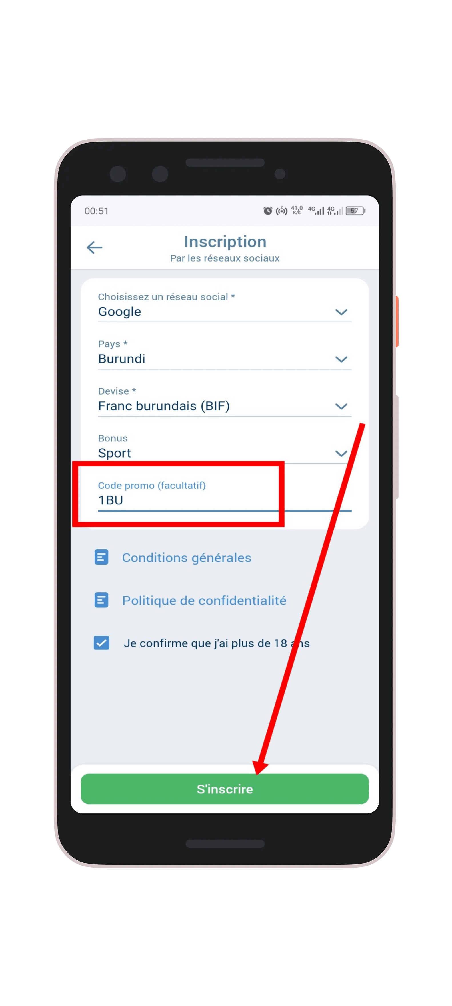 Remplir le formulaire avec le code promo "1BU"