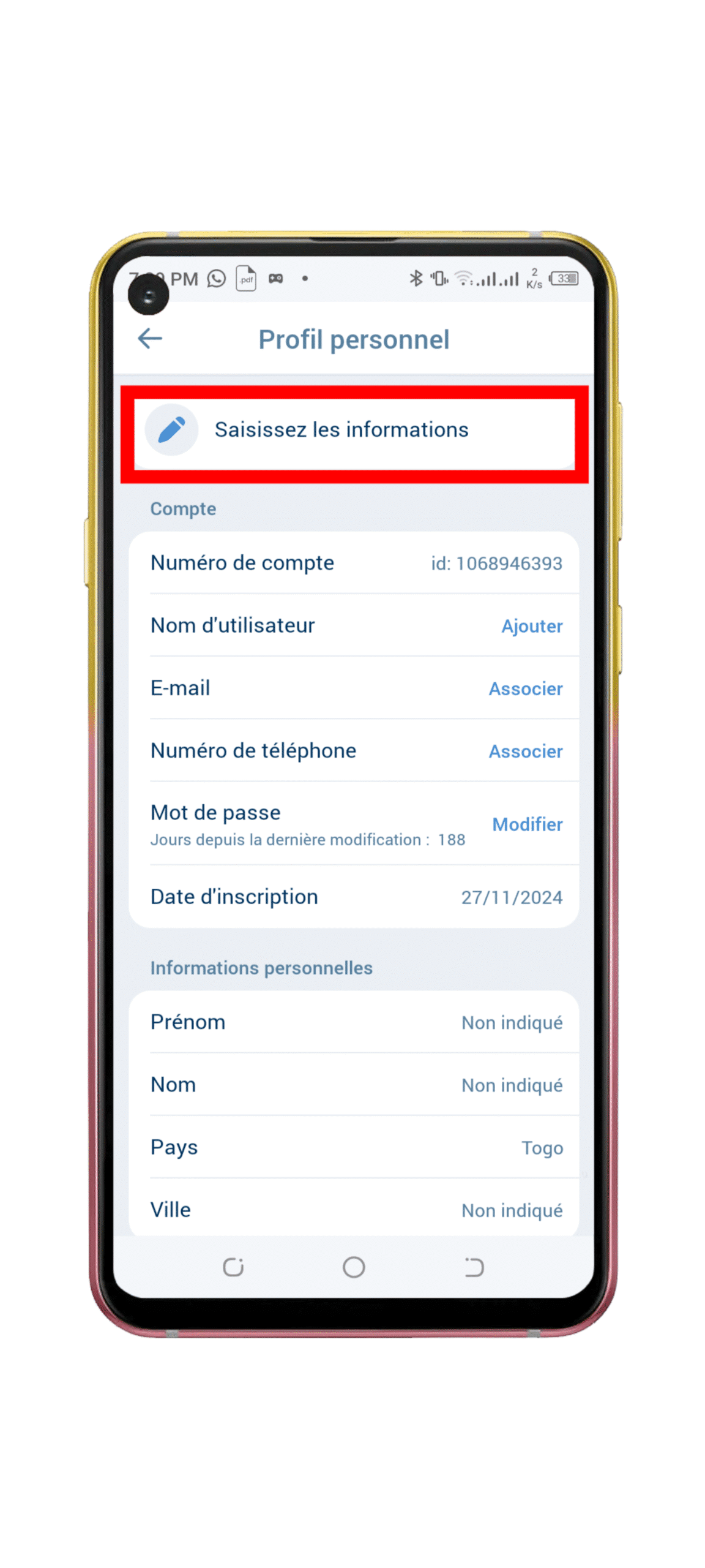 Cliquez sur "saisir les information."