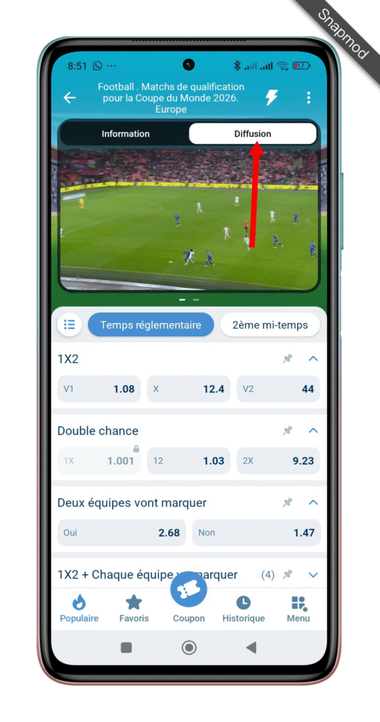 Cliquez sur "Diffusion" pour suivre le match