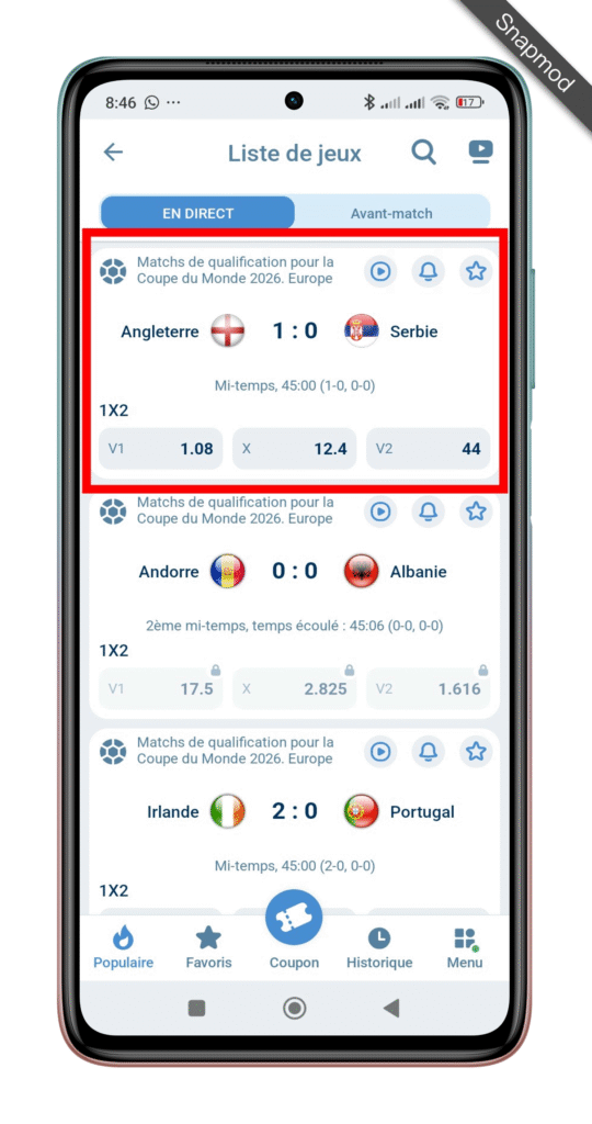 Sélectionner un match en cours