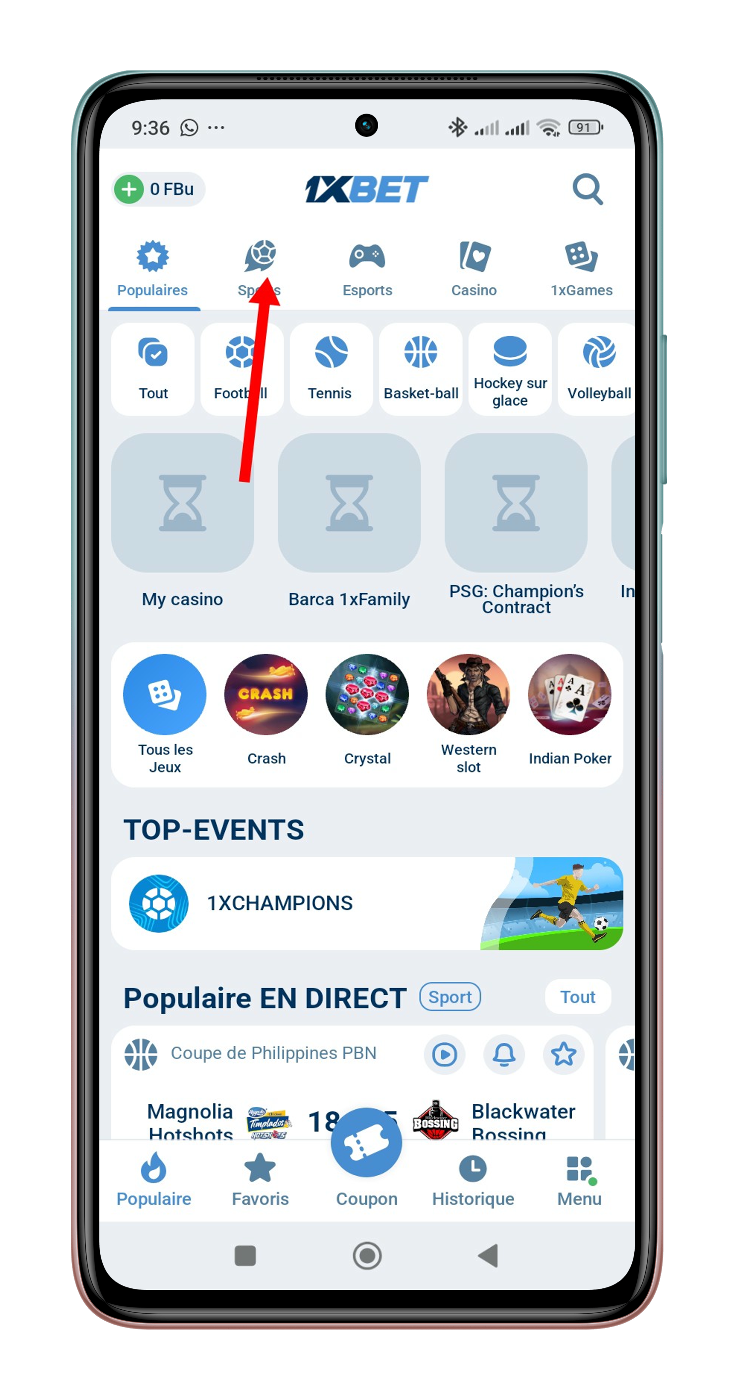 Accéder à la section “Sport”