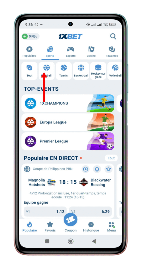 Choisir le sport souhaité