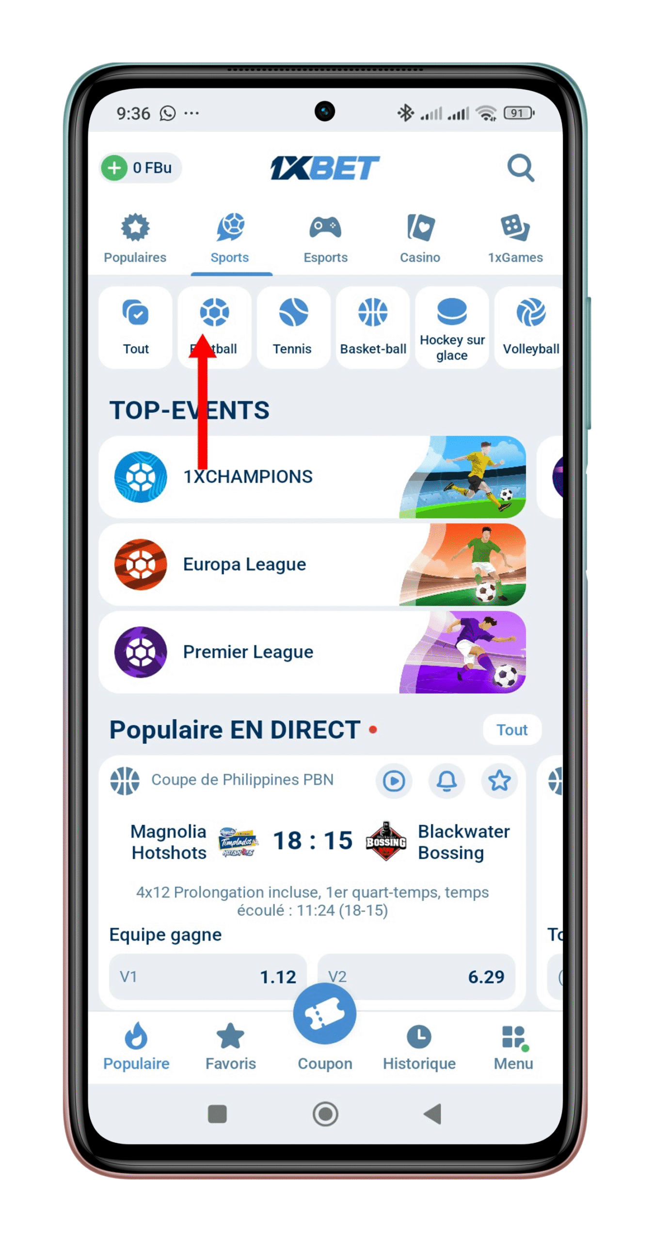 Choisir le sport souhaité