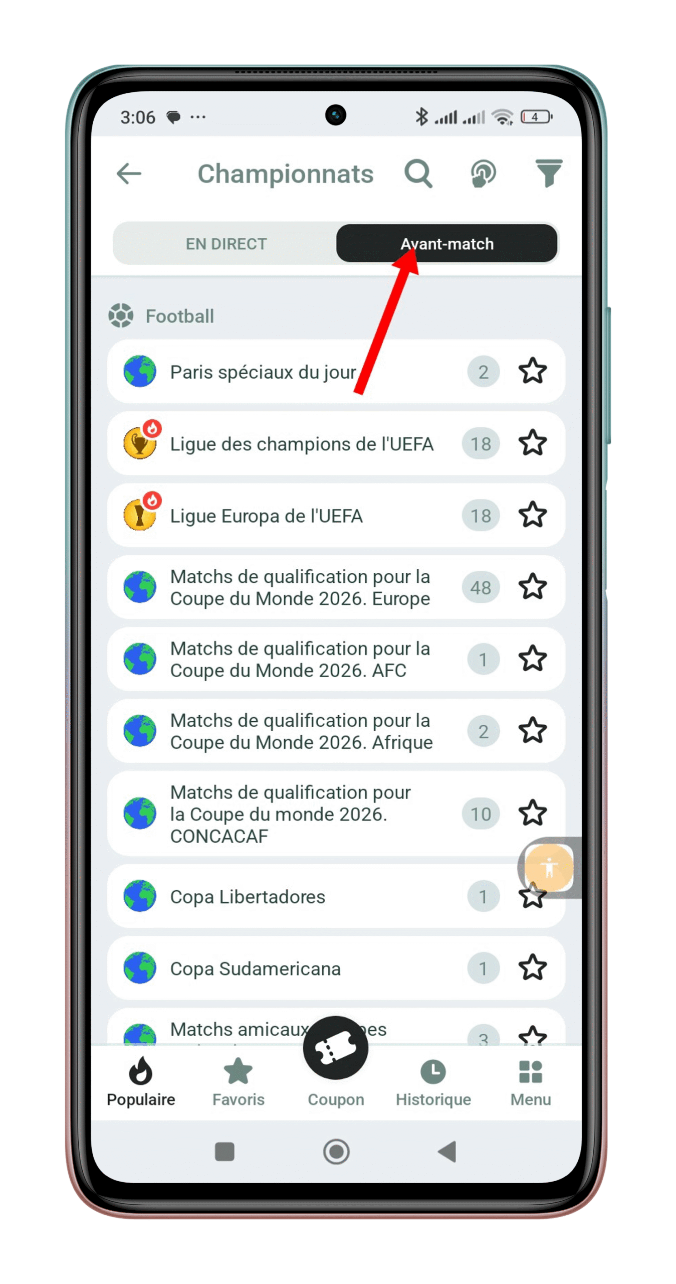 Sélectionner le mode de pari (“Avant match” ou “En direct”)