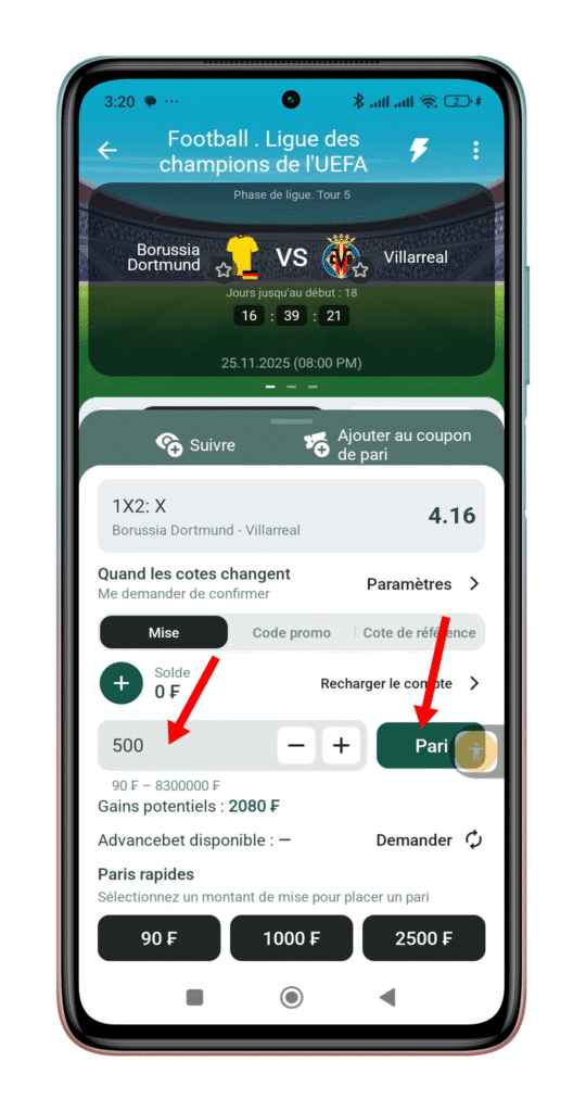 Entrer le montant et valider le pari