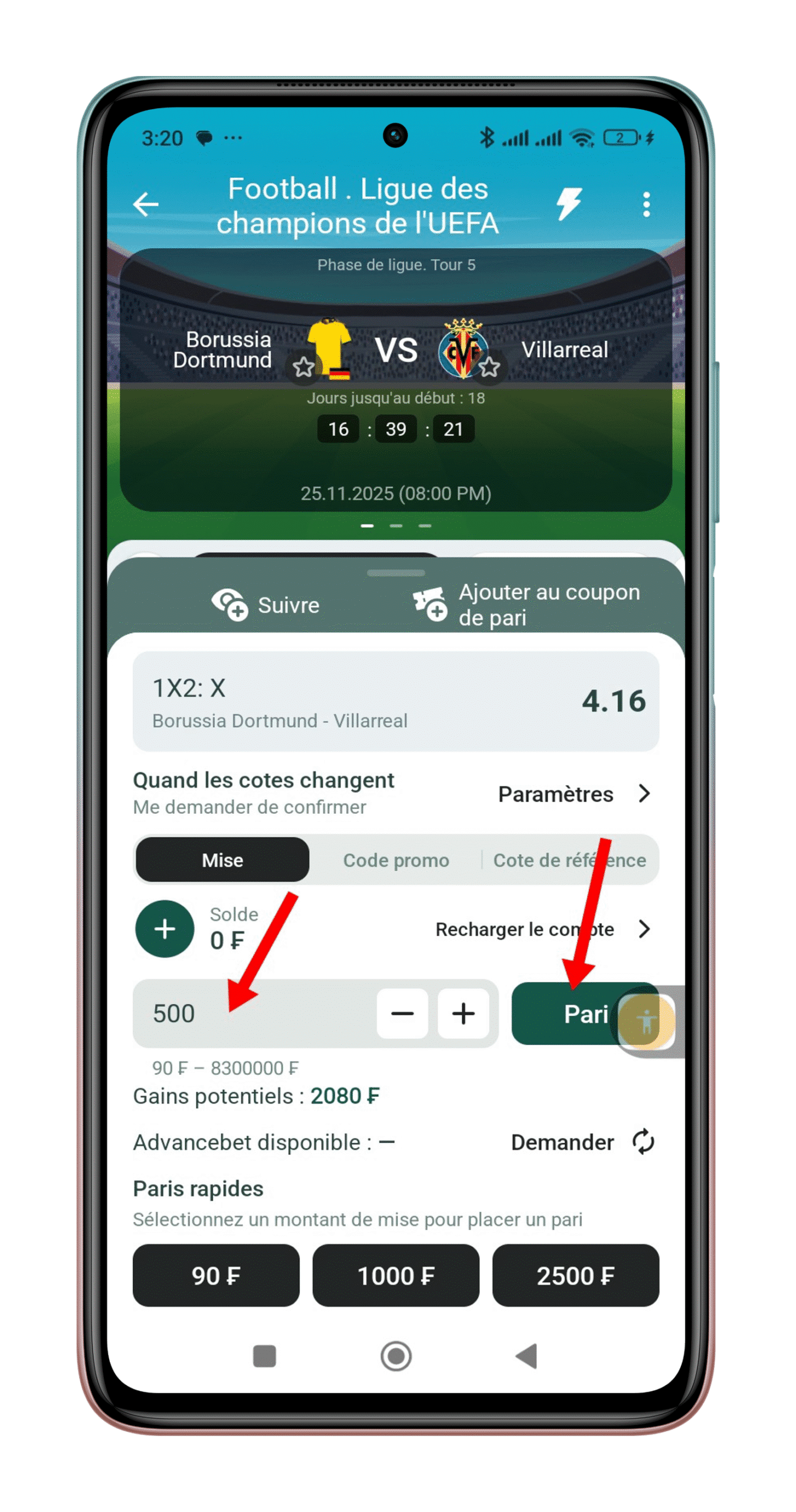 Entrer le montant et valider le pari