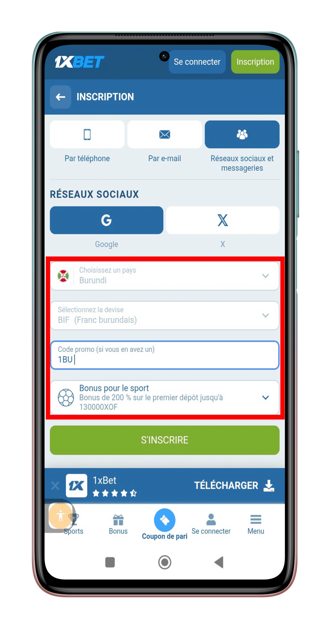 Renseigner le formulaire et cliquer sur “S’inscrire”