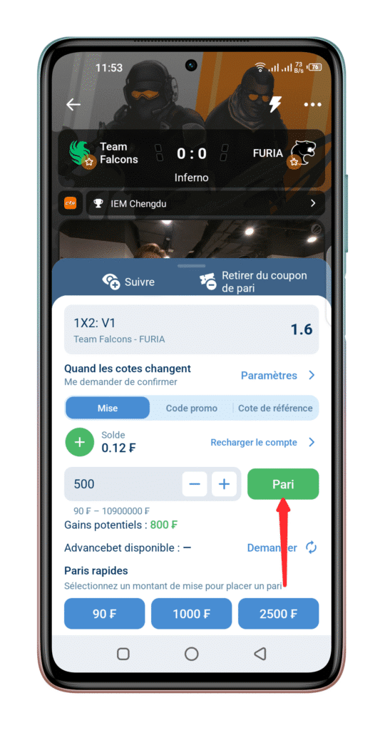Entrez le montant de votre mise et cliquez sur "Placer un pari".