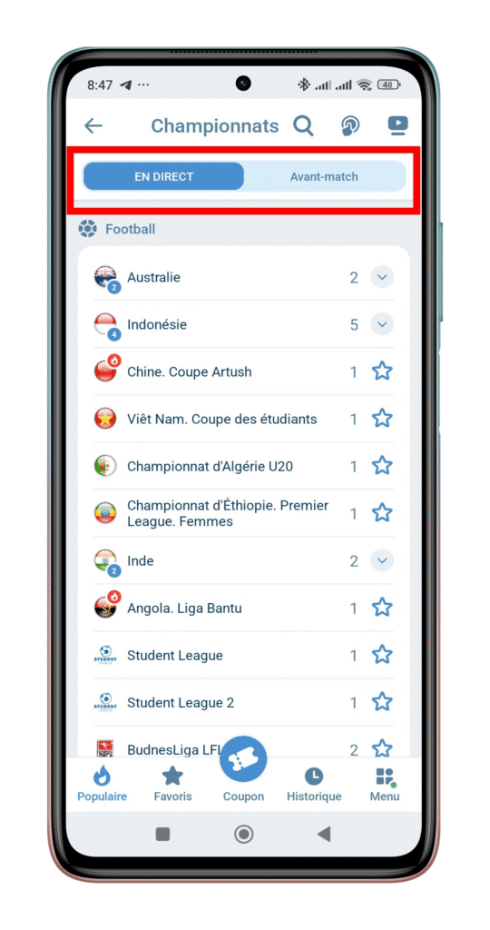 Choisir le mode de pari (Avant-match ou En direct)