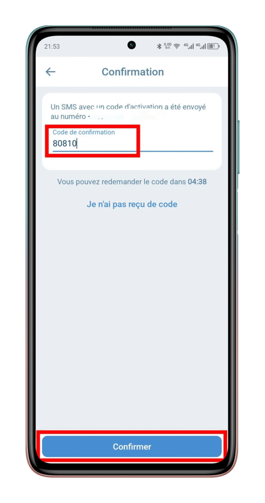 Entrez le code de vérification reçu par SMS