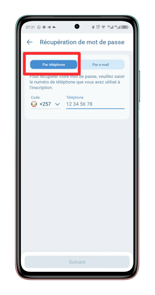 Choisir la méthode de récupération Par téléphone